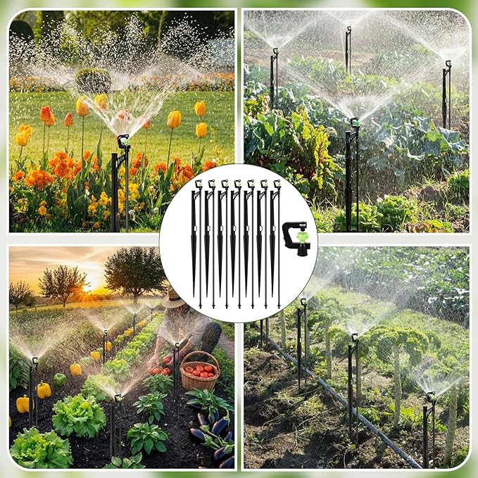 Briwooody 24 Sets 360 Degree Irrigation Sprinkler Heads with Stake Drip Micro Spray Emitters G-Type Adjustable Sprinkler Nozzle with Irrigation Tubing on Riser Stake for Garden Flower Plants Watering