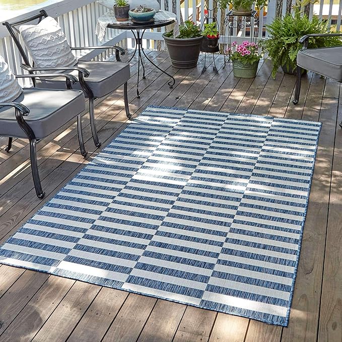 Unique Loom Outdoor Striped Collection Area Rug - Striped (5' 1" x 8' Rectangle, Blue/Ivory)