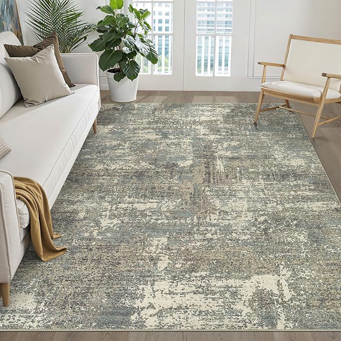 LOONGRUG 5x7 Area Rug Washable Neutral Modern Living Room Rug Green Brown | Abstract Soft Stain Resistant Indoor Floor Non-Slip Carpet for Bedroom Nursery Kids Office Playroom