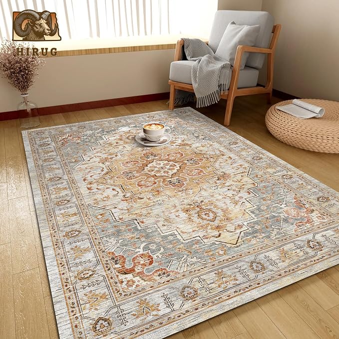 Washable Area Rug 8' x 10' Vintage Traditional Persian Mat - Foldable Distressed Non-Slip Machine Washable Carpet for Living Room Bedroom Kitchen Home Decor - Dove Gray and Coral