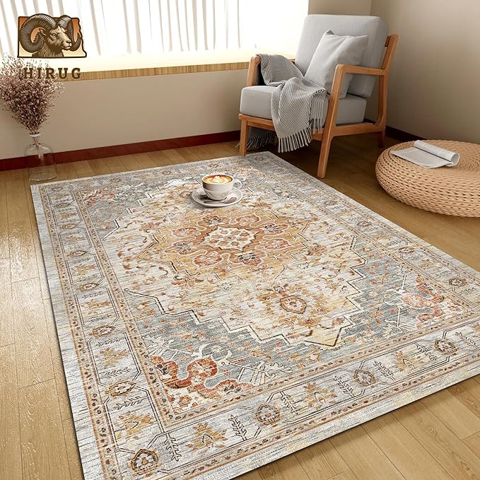 Washable Area Rug 4' x 6' Vintage Traditional Persian Mat - Foldable Distressed Non-Slip Machine Washable Carpet for Living Room Bedroom Kitchen Home Decor - Dove Gray and Coral