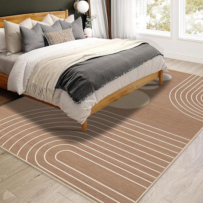 Boho Rug 4x6 Modern Geometric Minimalist Abstract Area Rug for Living Room Brown Mid Century Modern Contemporary Machine Washable Non-Slip Printed Low-Pile Carpet Dining Room Bedroom Office Brown
