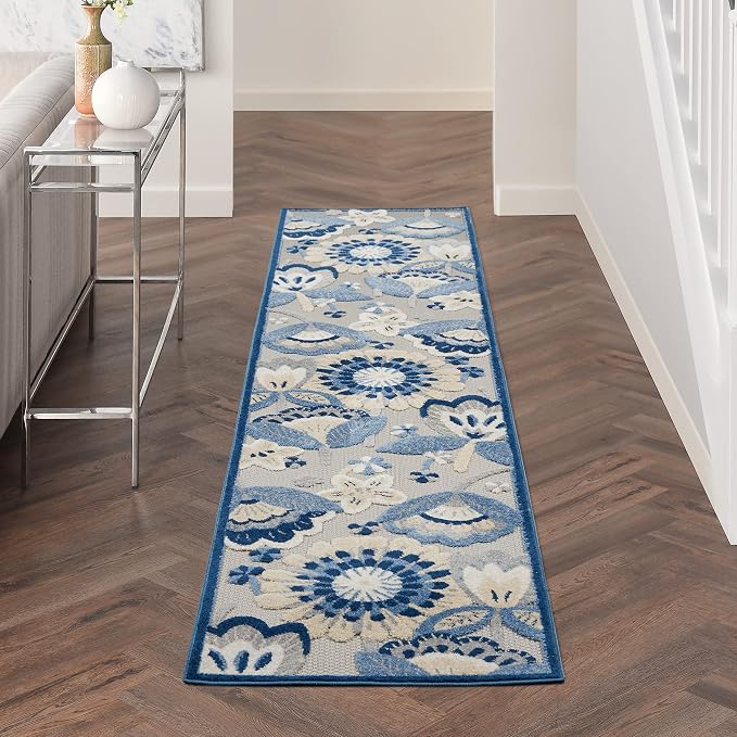 Nourison Home Aloha Blue Grey 2'3" x 10' Area Rug - Easy Clean, Non Shedding, Bed Room, Living Room, Dining Room, Kitchen (10' Runner)