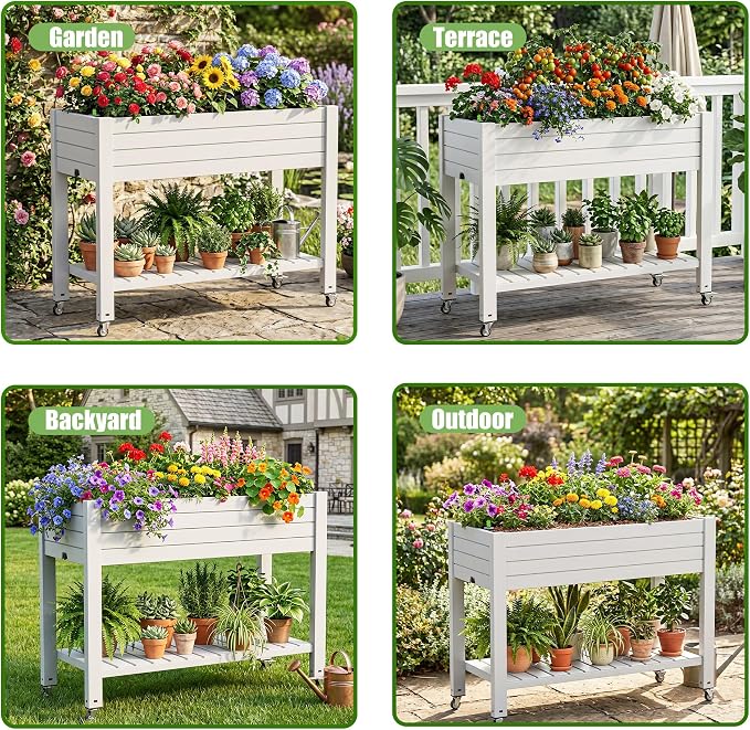 EFU Raised Garden Beds Outdoor, with Wheels & Extra Storage Shelf, Water Level Monitoring, Elevated Garden Bed, 21 Gallon Planter Raised Beds for Vegetables, Fruits, Backyard, Patio (Grayish White)