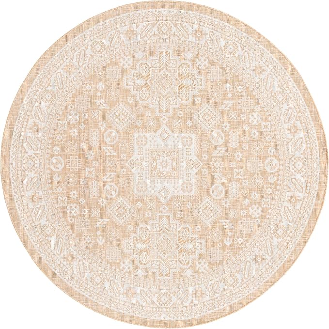 Unique Loom Outdoor Aztec Collection Area Rug - Chalca (7' 10" Round, Natural/ Ivory)
