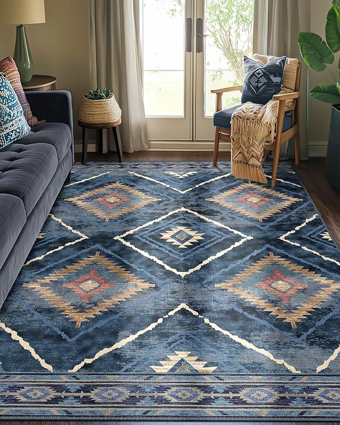6'x9' Washable Area Rug for Living Room Bedroom Darkblue | Soft Western No Slip Low Pile Print Foldable Indoor for Kitchen Dining Room
