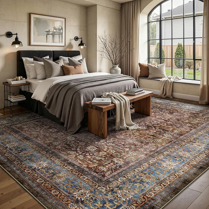 8x10 Area Rugs for Living Room - Washable Vintage Retro Large Rug, Soft Ultra Thin Non Slip Low Pile Traditional Distressed Boho Carpet for Bedroom Dining Room Home Office, Dark Red Brown
