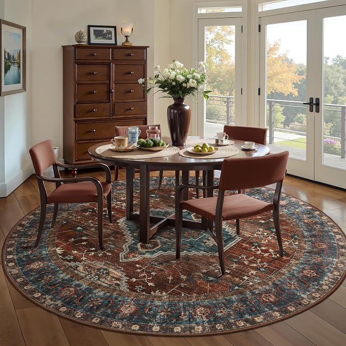 Tangsoo Oriental Round Area Rugs 5ft, Washable Non Slip Circle Rug | Vintage Low Pile Circular Rugs,Boho Round Carpet for Bedroom Living Room Dining Room Nursery Dorm Office Rust/Blue Home Decor