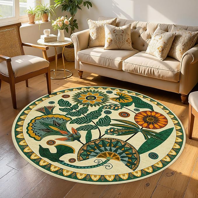 Joydeco Egypt Floral Boho Round Rugs 5FT for Bedroom Playroom Living Room | Boho Colorful Circle Non Slip Stain Resistant Flower Indoor Carpet for Dining Room Nursery Entryway Guest Room Kitchen, Beige