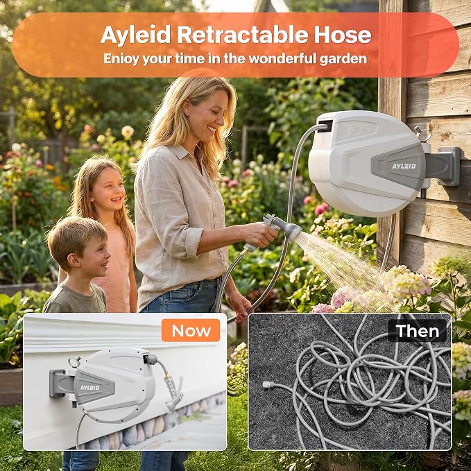 Ayleid Retractable Rubber Hybrid Garden Hose Reel, 1/2"x65ft Wall Mount | Anti-freeze, kink-free premium rubber hybrid hose, 24-month warranty, 9-pattern sprayer, any-length lock, slow auto-return.
