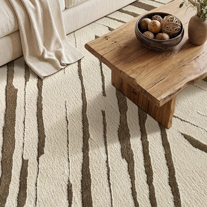 8x10 Area Rug for Living Room, Large Washable Cream Brown Rug | Large Washable Rug for Living Room, Dining Room, Bedroom, and Family Room with Abstract Stripes and Non-Slip Backing.