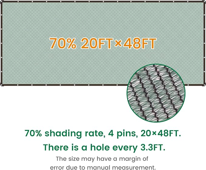70% 20 X 48 FT Green Shade Cloth, Outdoor Woven Sun Shade with Grommets, Durable Breathable Netting Shading Antifreezing for Patio, Garden, DIY Home, Plants Cover, Greenhouse, Dog Kennel
