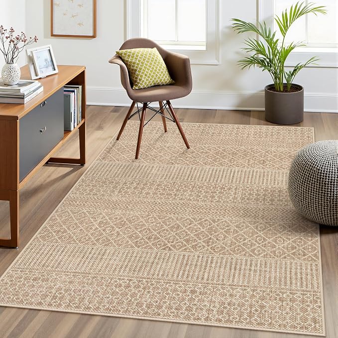 Lahome Farmhouse Washable 3x5 Entryway Rug, Non-Slip, Beige/Brown | Boho Textured Neutral, Low-Pile, Geometric Pattern, Modern, Moroccan, Entryway Hallway Runner Kitchen Bathroom Laundry Room