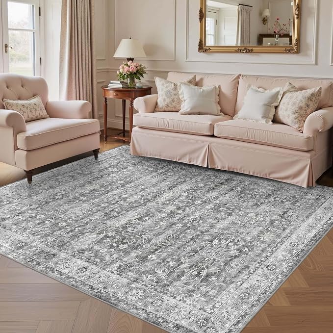 Latte&Fog 5x7 Grey Rugs for Living Room, Vintage Washable Bedroom Area Rug | Non Slip Low Pile Soft Floral Carpet for Dining Kitchen Kids Playroom Nursery Guest Room Classroom Dorm Farmhouse Office