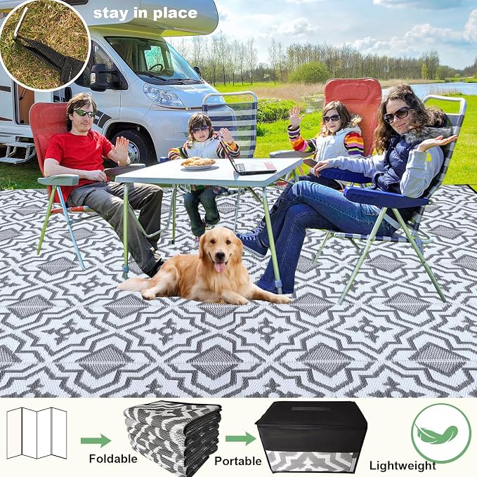 Alfolo Outdoor Rug for Deck 8x10 Waterproof,Outdoor Plastic Straw Camping Rug Reversible Mat for for Patio,Porch, Balcony Rv Camping Mat Outside Mat Indoor Outdoor Area Rug (Grey&White, 8'x10')