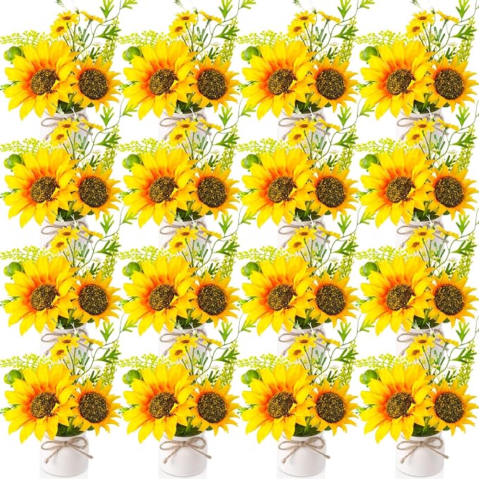 Zeyune 16 Pcs Sunflower Potted Plants Rustic Summer Spring Kitchen Wedding Table Centerpieces Silk Yellow Fake Flower with Plastic Pot for Home Bathroom Office (White,Sunflower)