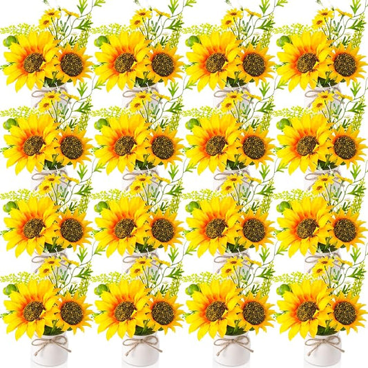 Zeyune 16 Pcs Sunflower Potted Plants Rustic Summer Spring Kitchen Wedding Table Centerpieces Silk Yellow Fake Flower with Plastic Pot for Home Bathroom Office (White,Sunflower)