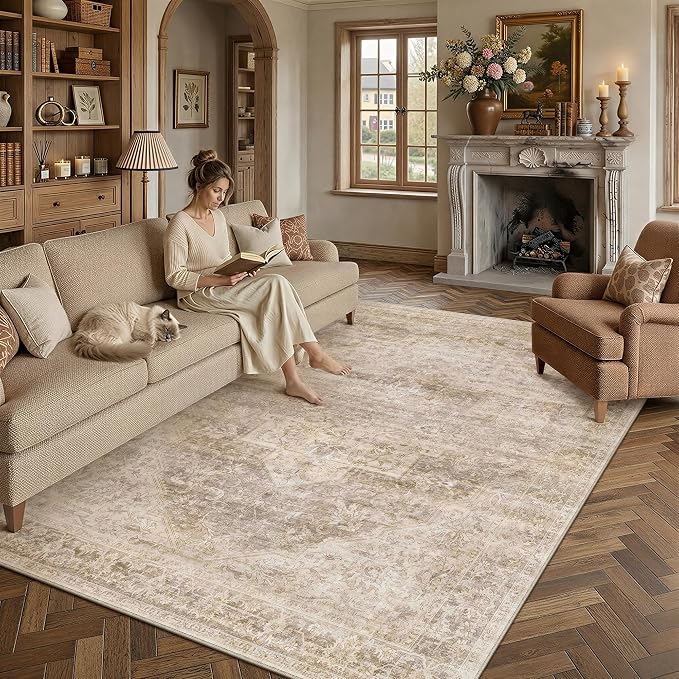 9x12 Beige Farmhouse Area Rug | Washable, Non Slip, Soft Low Pile, Neutral Vintage, Large, for Living Room Bedroom Dining Room Office Indoor Home Decor