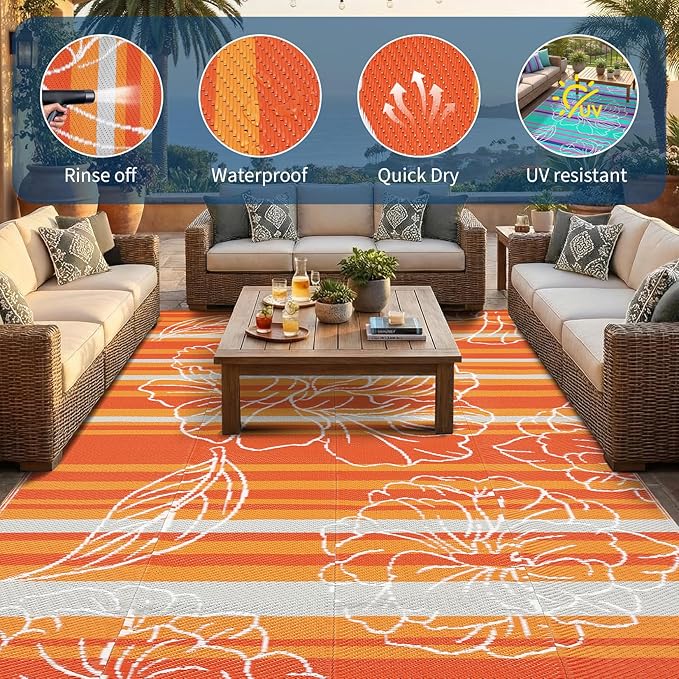 Garvee 9x12 Outdoor Waterproof Rug, Floral Outdoor Area Rug，Reversible Plastic Straw Patio Rug, Portable Camping Mat for RV, Picnic, Beach, Balcony, Garden & Camping Orange