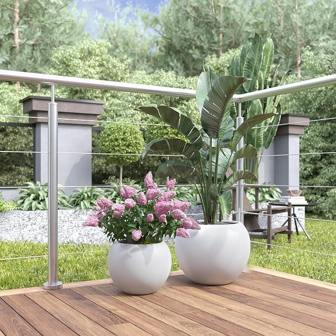 DTY Premium Mt Sherman Fiberstone Sphere Planter for Indoor Outdoor Use, Round Pot for Olive Tree, Lightweight, Smooth Finishes. 2 Extra Coco Mats. White, Large 21.1'' D x 16.7'' H. 14.6” Pot Opening