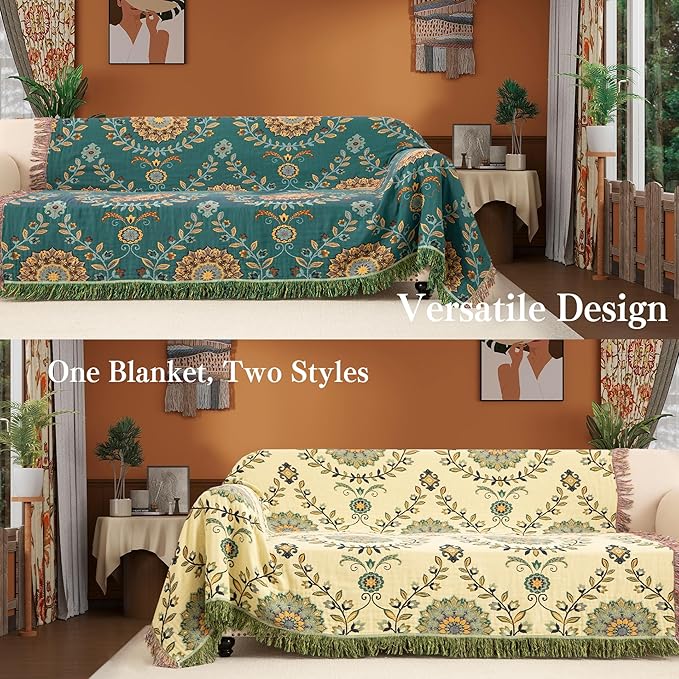 Phuryllic Boho Throw Blanket Twin Size, Soft Cozy Cotton Muslin Quilt Blanket for Bed Decor, Floral Patterned Couch Sofa Chair Cover, Vintage Farmhouse Cottage Tapestry Woven Blanket, Green&Beige
