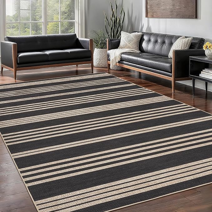 Garvee 8x10 Easy Jute Washable Rugs for Living Room, Black & Natural | Modern Line Print Area Rug Stain Resistant Easy Cleaning Throw Rugs Low Pile Floor Cover for Nursery Dining Room Apartment