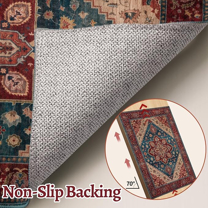 Tangsoo Oriental 3x5 Rugs, Washable Non Slip Accent Rugs for Entryway Red | Vintage Print Indoor Carpet, Boho Soft Low Pile 3x5 Area Rugs for Living Room Bedroom Bedside Bathroom Entrance Home Decor