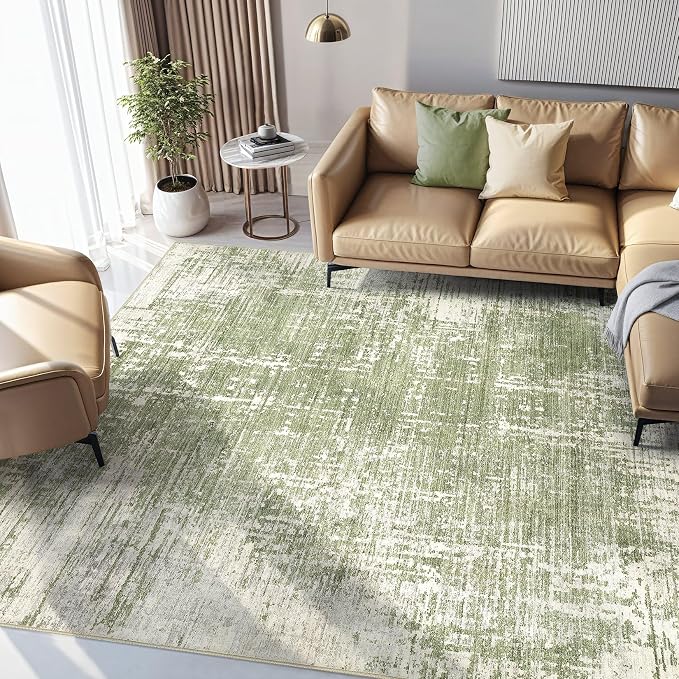 kakania Abstract 10x14 Area Rugs for Living Room: Washable Rugs Green | Soft, Non-Slip, Low-Pile, Pet & Kid Friendly - Large Modern Home Decor Carpet for Bedroom/Dining Room/Office/Nursery