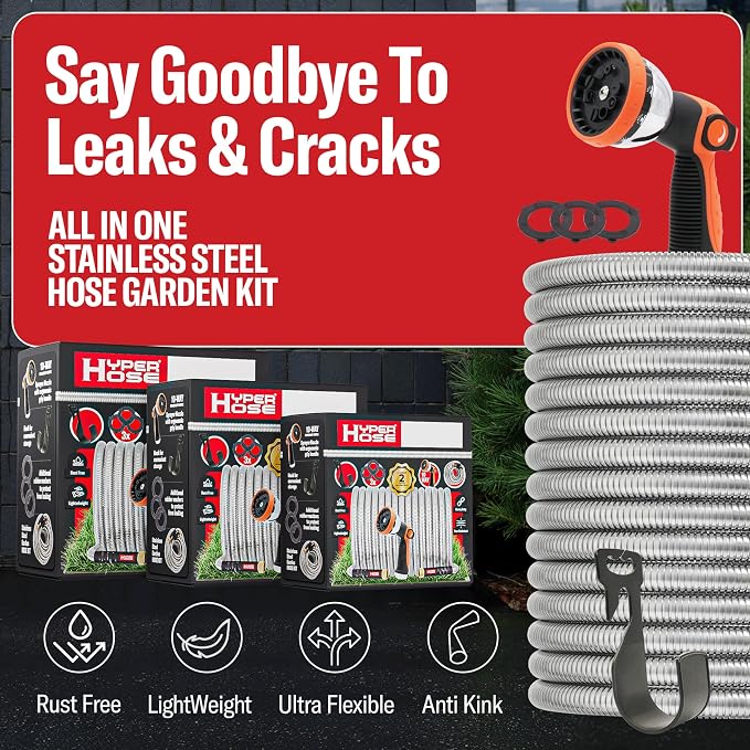 Best 100 ft Metal Garden Hose Set - No-Kink Durable 316 Stainless Steel, 10-Way Zync Spray Nozzle & Hook – Tough Flexible Heavy Duty Water Hoses, 5/8 in, Rust, Weather, LeakProof