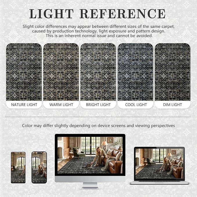 8x10 Area Rugs for Living Room - Washable Vintage Retro Large Rug, Soft Ultra Thin Non Slip Low Pile Traditional Distressed Boho Carpet for Bedroom Dining Room Home Office, Black Gold