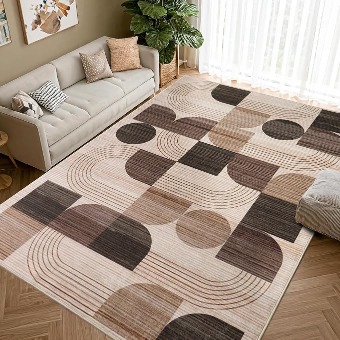 Soft Modern Geometric Abstract Machine Washable Large 6x9 Area Rug | Brown Rugs for Bedroom Living Room, Non-Shedding Faux Wool Indoor Throw Floor Carpet for Office Entryway Dining Room Decor