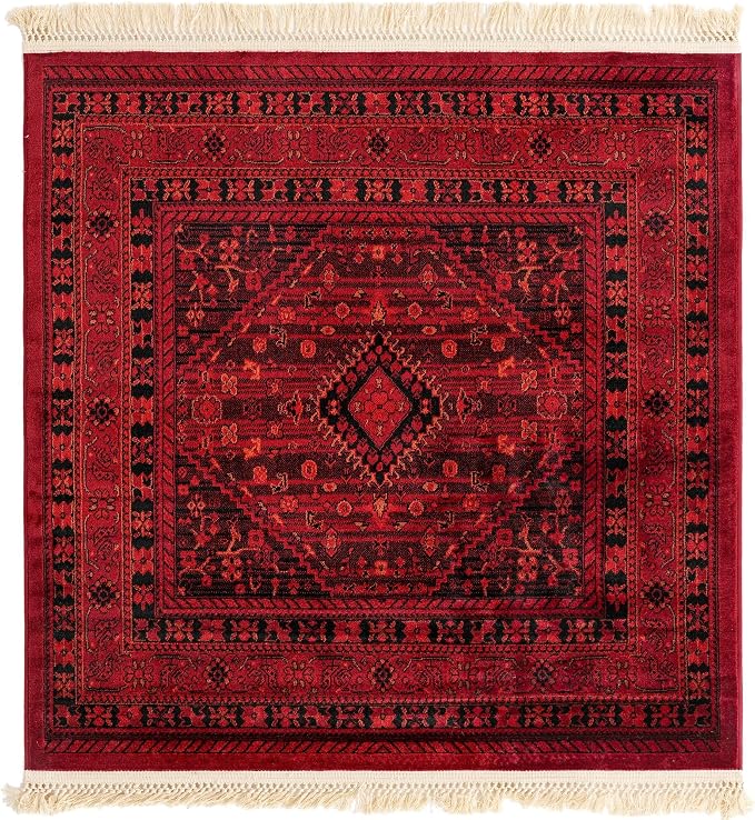 Unique Loom Tekke Collection Area Rug - Sheibani (4' 1" Square, Red/ Black)
