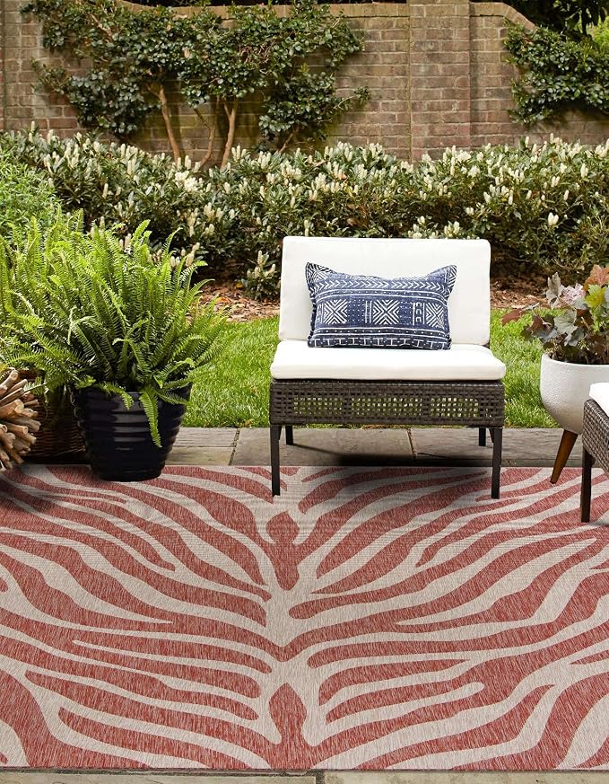 Unique Loom Outdoor Safari Collection Area Rug - Tsavo (10' Square, Rust Red/ Ivory)