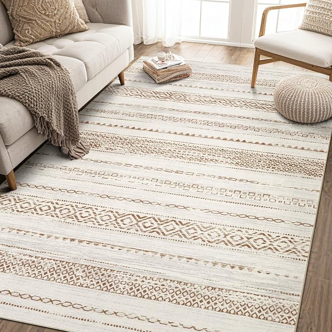 kakania Washable 8x10 Area Rug for Living Room: Boho Geometry Home Decor | Soft Stain Resistant, Low-Pile, Non-Slip, Pet & Kid Friendly, Thin Rug for Bedroom/Dining Room/Kids Dorm - Square Brown
