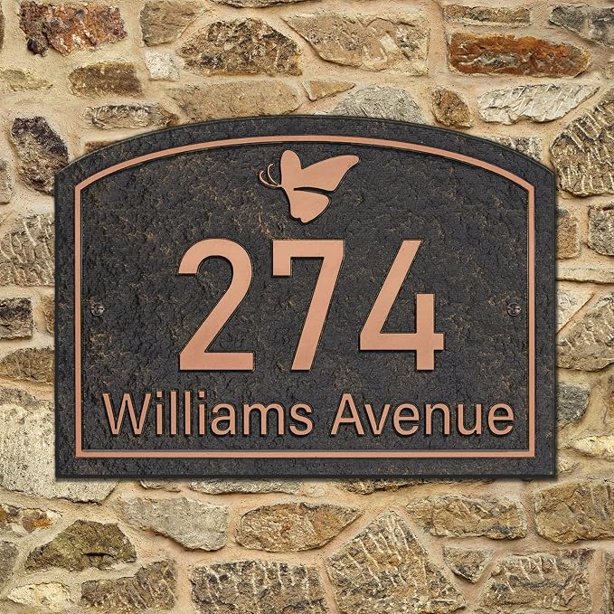 Handcrafted Address Plaque for Yard Outside House Sign, House Number Garden Wall Sign, 911 Visibility Signage, Any Font, 10 x 7 inches (Red Copper)