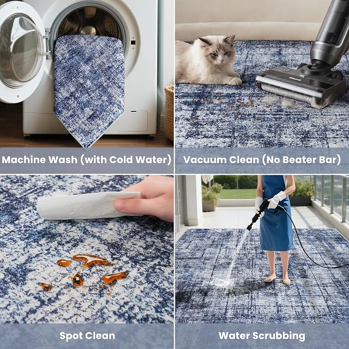 8x10 Washable Area Rug for Living Room Bedroom: Non-Slip Modern Navy Blue | Machine Washable TPR Backing, Stain-Resistant Low Pile, Pet & Kid Friendly, Abstract Decor for Dining Room, Dorm, Home Office