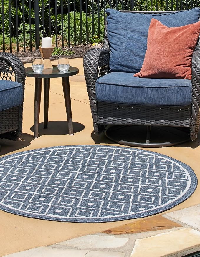 Unique Loom Outdoor Trellis Collection Area Rug - Kafes (4' 1" Round, Navy Blue/ Ivory)
