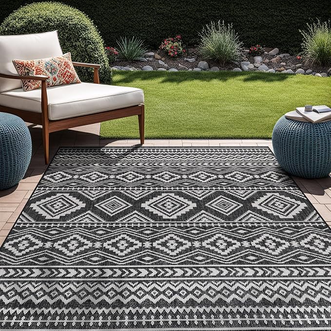 Beverly Rug Waikiki Boho Indoor Outdoor Rug 10x14, Washable Outside Carpet for Patio, Deck, Porch, Bohemian Area Rug, Farmhouse Rugs, Aztec Tribal Rug, Black and White