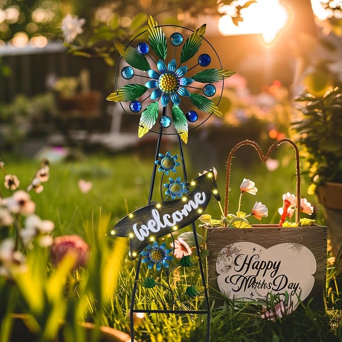 TERESA'S COLLECTIONS Wind Spinners Outdoor Solar Decor, Hummingbird Metal Windmill for Yard Decorative Garden Stakes for Porch,Garden,Yard,26''