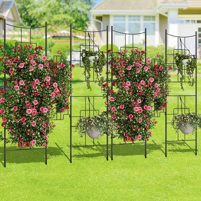 51" X 67" Metal Garden Trellises for Climbing Plants Outdoors, 5.5 FT Black Large Garden Arch Trellises for Roses, Vegetables Vines Flowers Support, Rustproof Privacy Screen Plant Support Frame, 4PCS