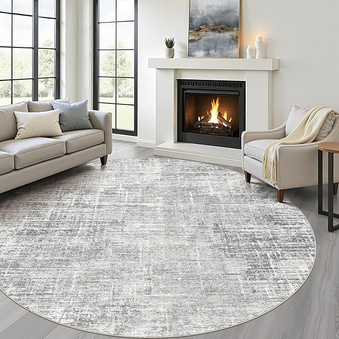 LOONGRUG Round Rug 7x7 Washable Neutral Modern Rug for Living Room Grey | Circle Large Abstract Soft Stain Resistant Indoor Non-Slip Carpet for Bedroom Nursery Kids Office Playroom Dining Room
