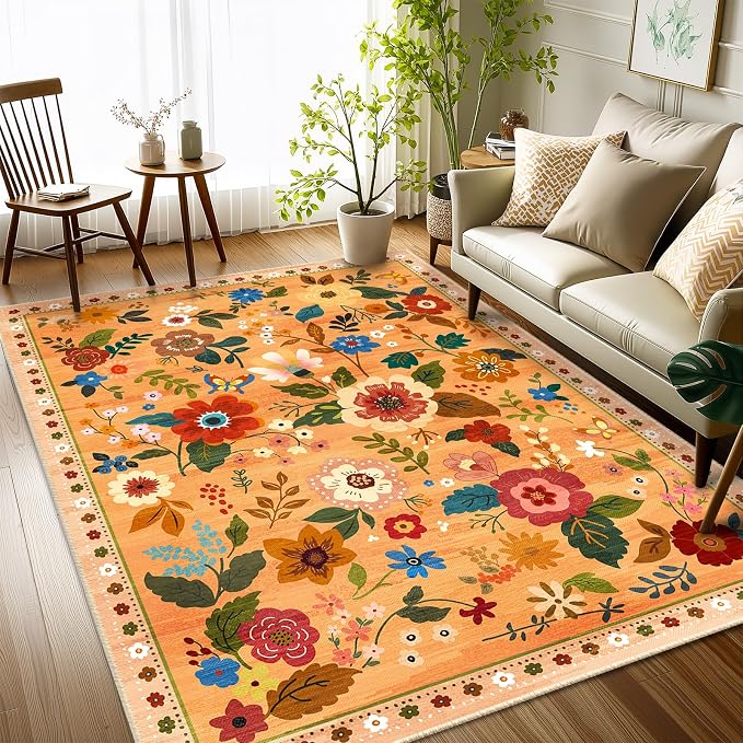 RELEANY Floral Washable 4x6 Area Rugs Orange/Yellow/Red | Flower Carpet, Print, Boho, Non-Slip, Easy to Clean, Soft, Low Pile for Living Room Bedroom Kitchen Office Entryway Hallway