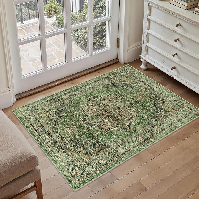 Area Rug 2x3 Entryway Rug Soft Washable Low Pile Vintage Doormat | Non Slip, Low Pile, Lightweight Carpet, Stain-Resistant Small Rug, Vintage Green for Entrance, Kitchen, Bedroom, Living Room