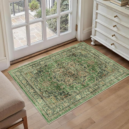 Area Rug 2x3 Entryway Rug Soft Washable Low Pile Vintage Doormat | Non Slip, Low Pile, Lightweight Carpet, Stain-Resistant Small Rug, Vintage Green for Entrance, Kitchen, Bedroom, Living Room