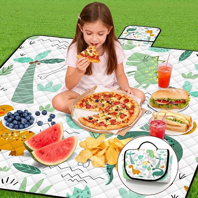 Extra Large Picnic Blanket Waterproof,80"x 80"Foldable Machine Washable Beach Blanket,Outdoor Blanket for 6-8 Adults,Suitable for Indoor Crawling,Park Beach,Camping,Hiking,Family Travel(Dinosaur)