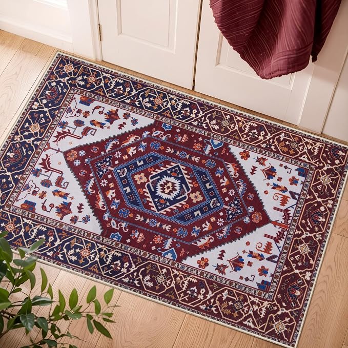 SERISSA 2x3 Washable Non Slip Boho Small Area Rug for Entryway | Ultra Soft Vintage Oriental Carpet Low-Pile Burgundy Navy Indoor Mat for Bedroom Kitchen Bathroom Entrance Floor