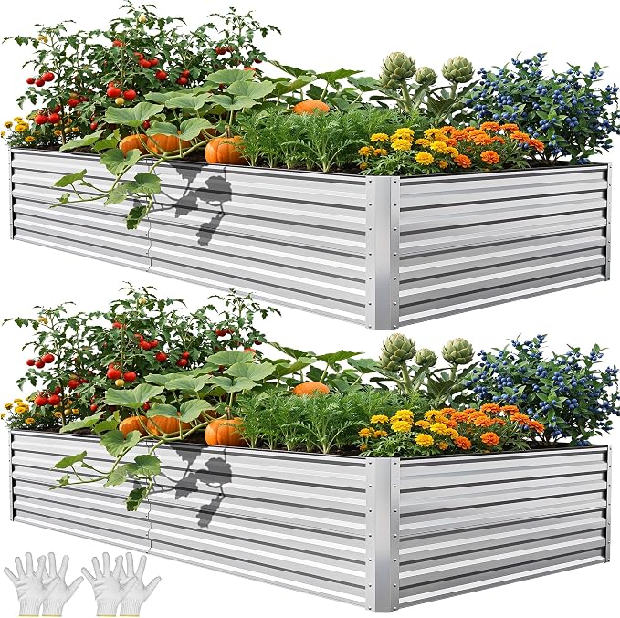 YITAHOME 8x4x2ft 2pcs Large Raised Garden Bed Kit, Galvanized Metal Planter Box with Gloves, Ground Nails & Safety Rubber, Outdoor Above Ground Planters for Plants Vegetables Flowers, Silver Gray