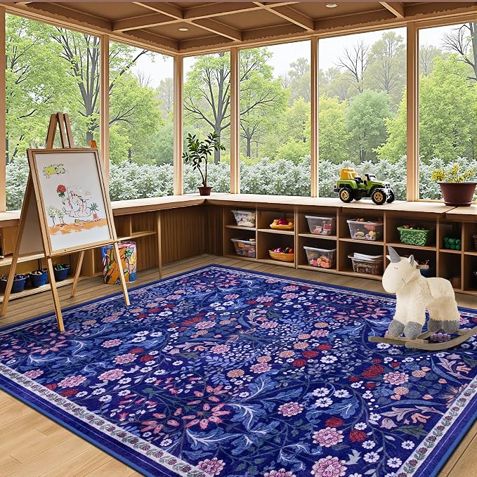 PLHXFR 6x9 Area Rug Living Room: Floral Washable Boho Soft Carpet Blue | For Bedroom Dining Room Farmhouse Nursery Hallway,Vintage Floral,Machine washable,Non Slip,Stain Resistant,Large Indoor