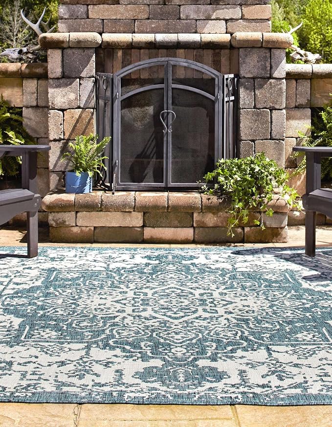 Jill Zarin Jill Zarin Outdoor Collection Area Rug - Dubai (10' 8" Square, Teal/Ivory)