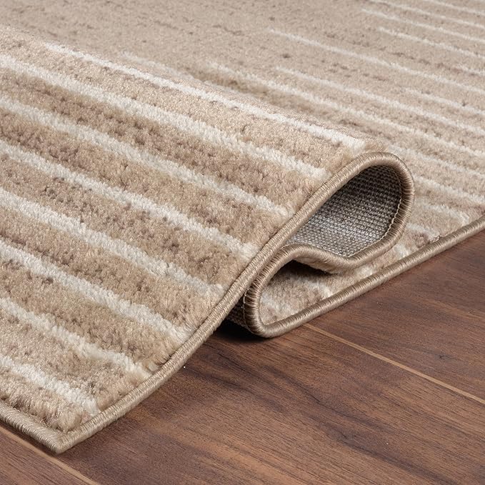 Rugshop Bohemian Stripe Stain Resistant Area Rug Beige 7'10" x 10' | High Traffic, Rectangular, Size 7'10" x 10', Living Room, Bedroom, Dining Room, Large Areas, Kitchen, Basement,Open Spaces